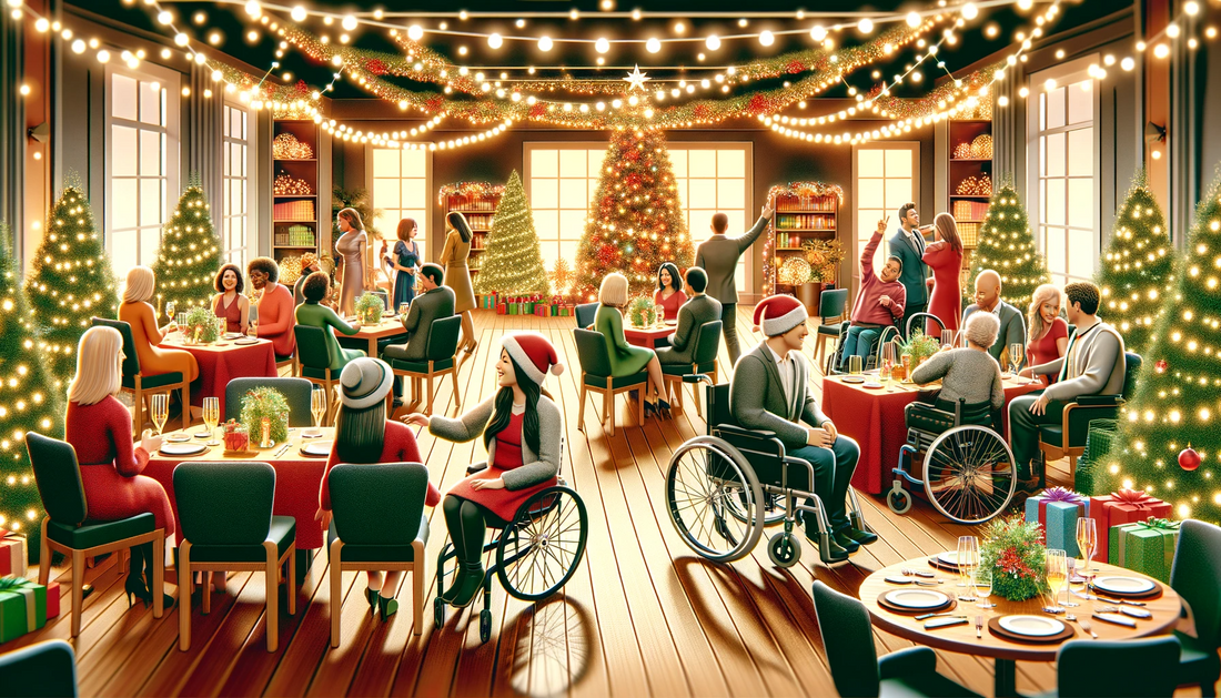 an inclusive Christmas celebration. A large hall with ample space and chair removed for a wheelchair using guest, there are xmas trees and lights and lots of guests seated on table including people with diverse disabilities
