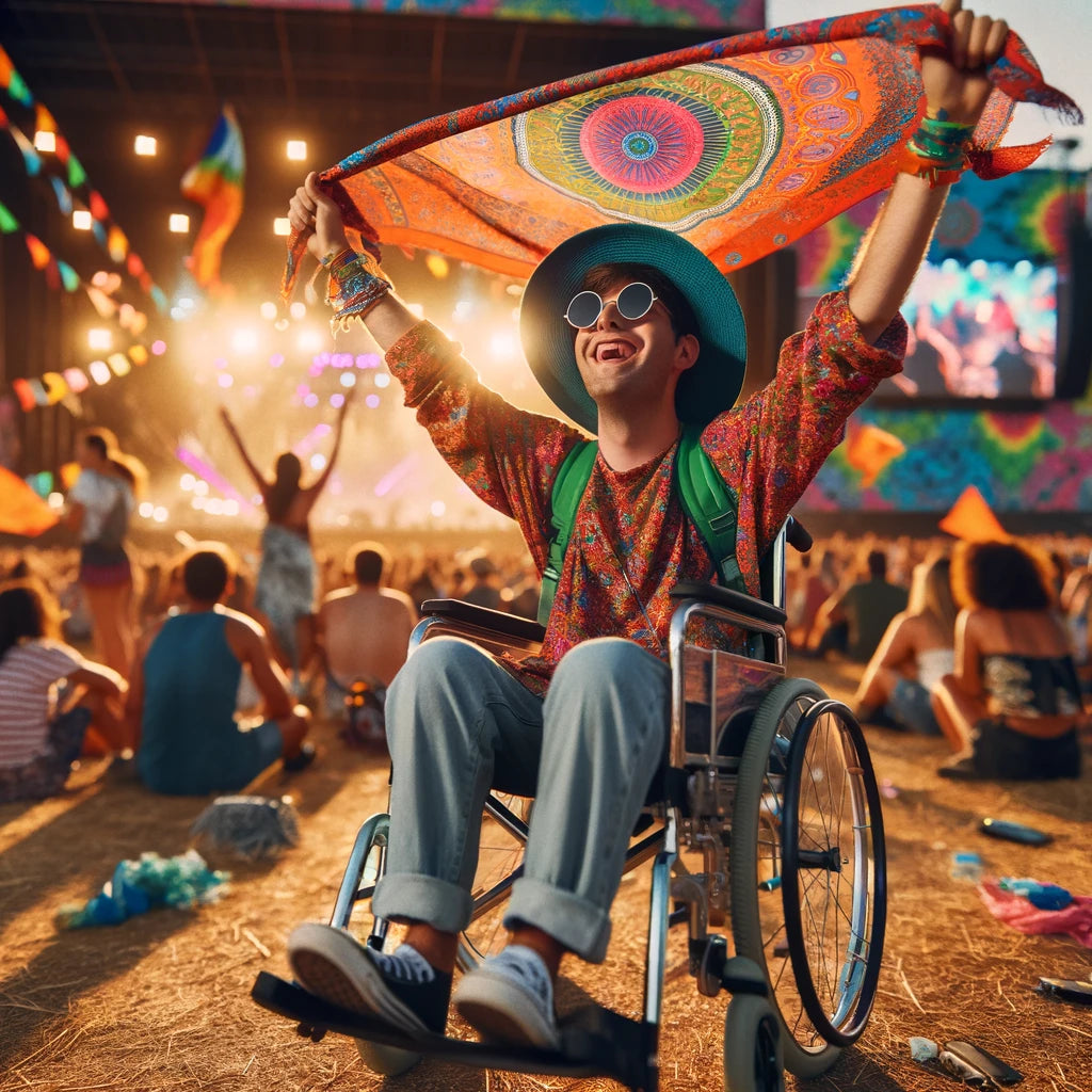 image of a wheelchair user at a music festival, dressed in colourful festival gear and using a sarong as a sunshade.