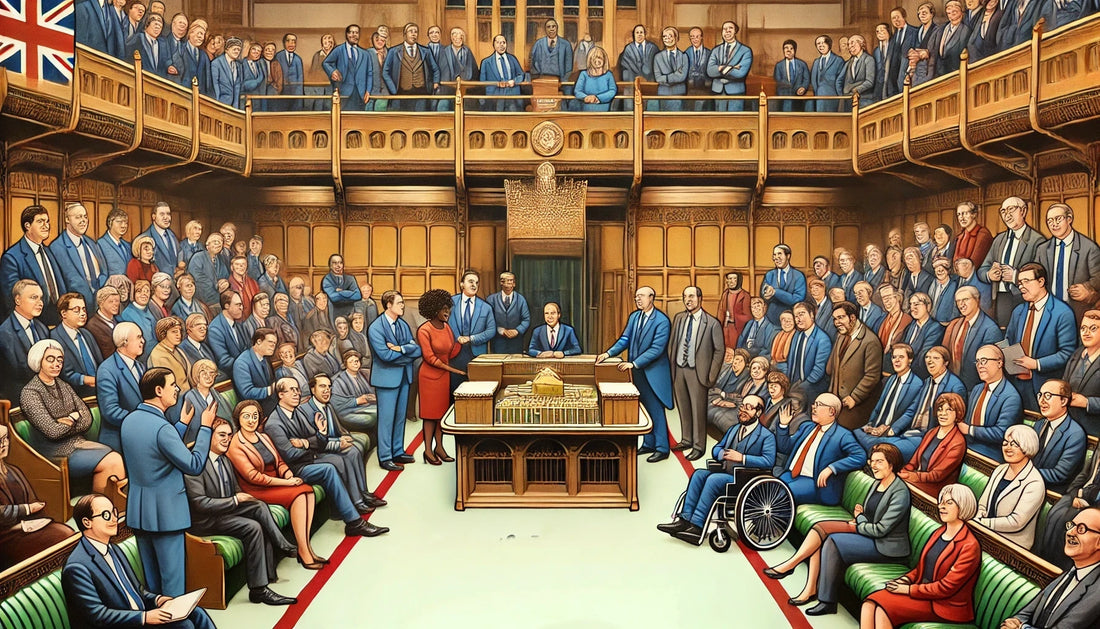 A large group of people in formal attire fill the British House of Commons. They are engaged in discussion, with one person standing and speaking while others listen attentively.