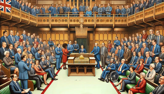 A large group of people in formal attire fill the British House of Commons. They are engaged in discussion, with one person standing and speaking while others listen attentively.