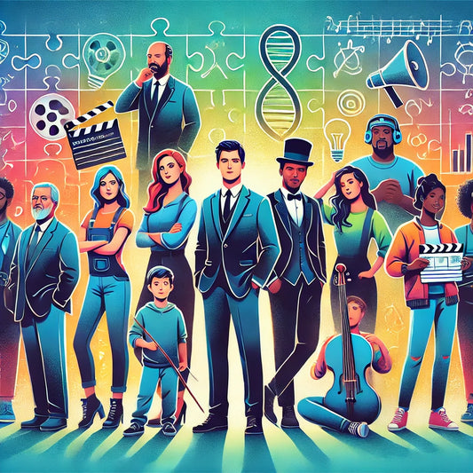 A diverse group of people is standing in front of a vibrant background filled with icons representing creativity and science, such as puzzle pieces, a DNA strand, film reels, light bulbs, musical notes, and a megaphone.