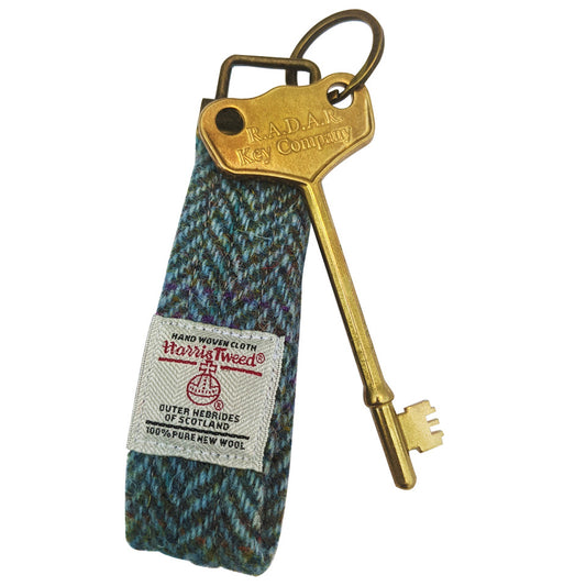 Brass RADAR key with Harris Tweed looped key fob - large head | The RADAR Key Company