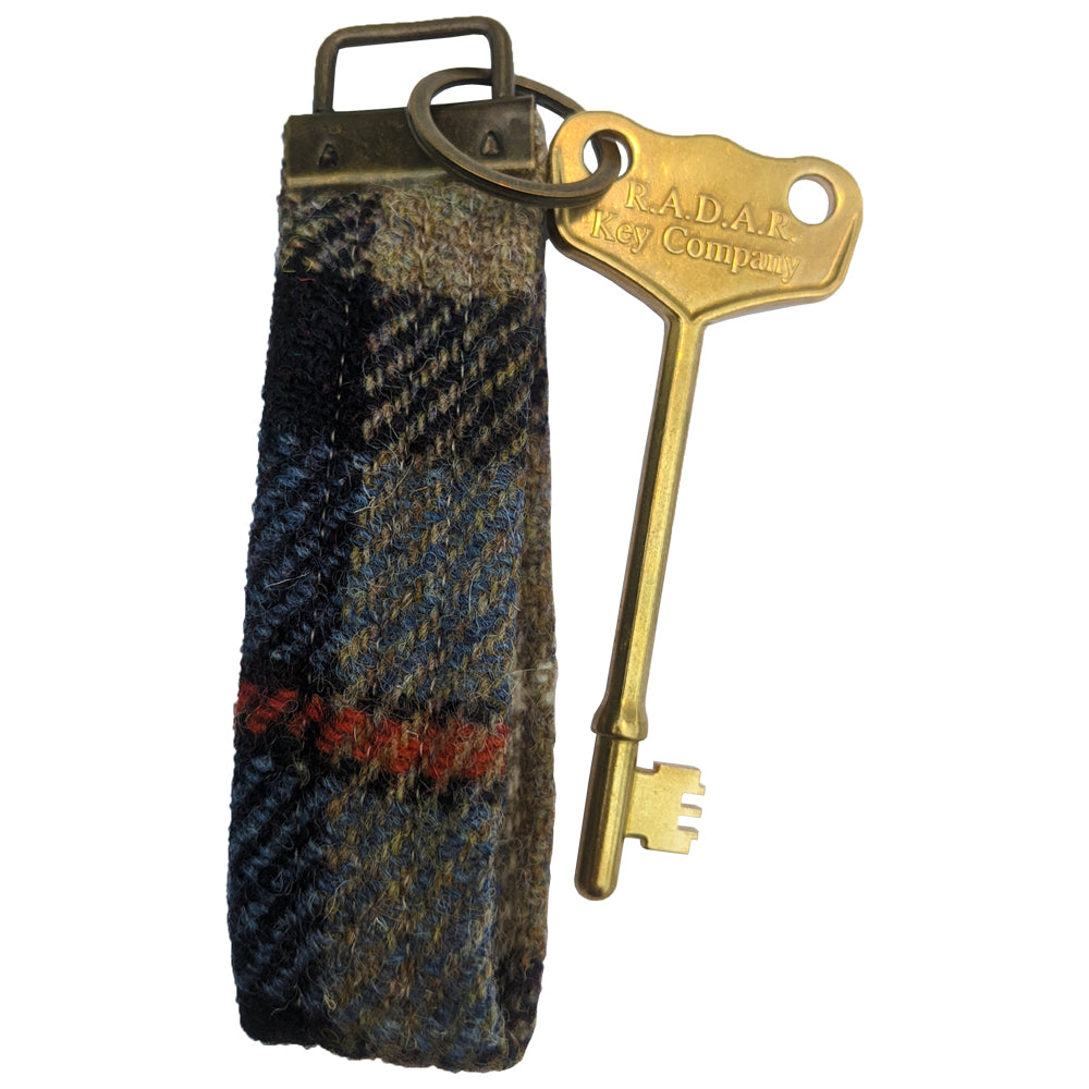 Brass RADAR key with Harris Tweed looped key fob - large head | The RADAR Key Company