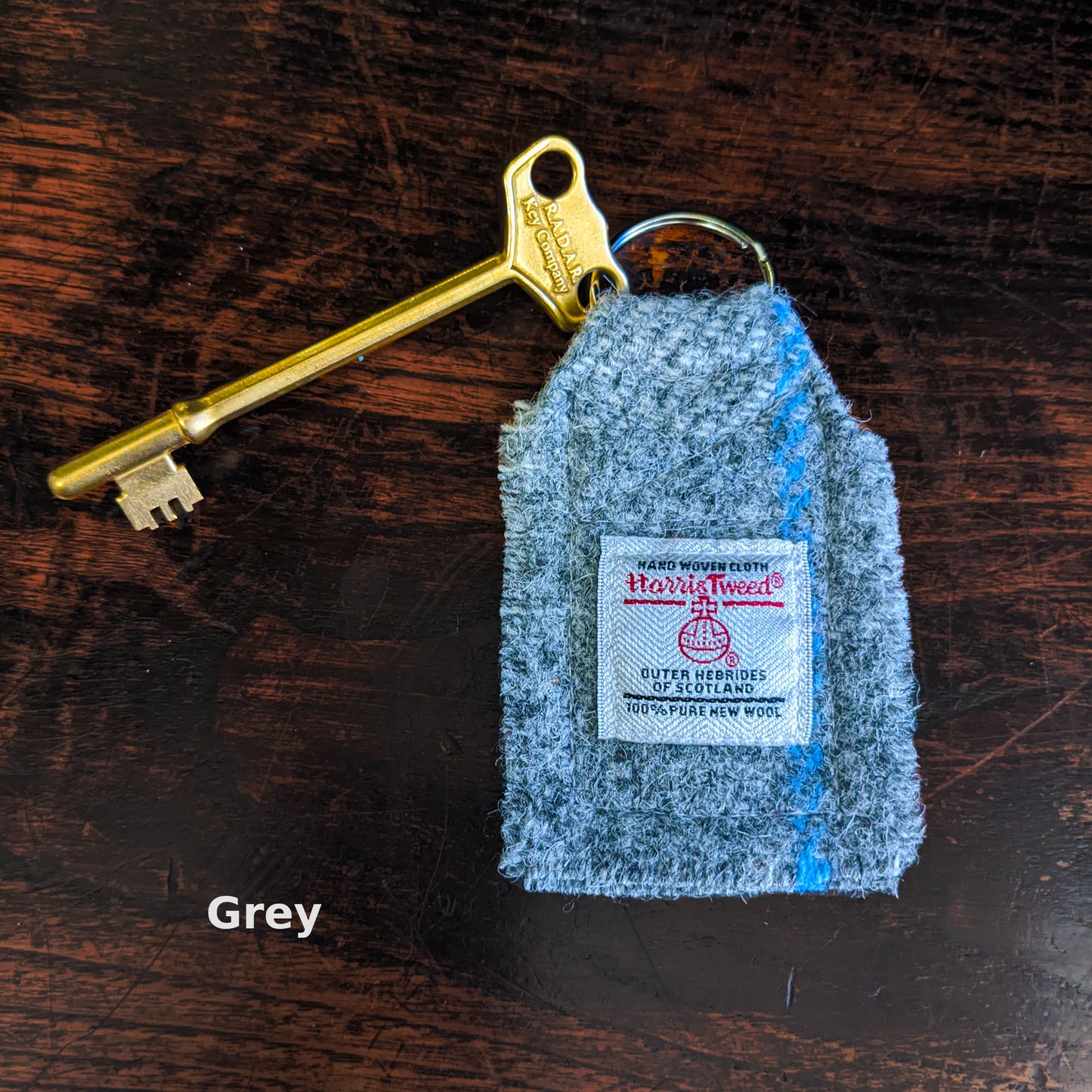 Brass RADAR key with Harris Tweed key fob - small head | The RADAR Key Company