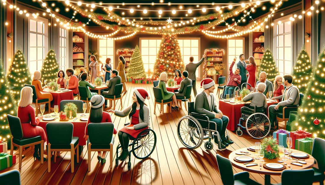  an inclusive Christmas celebration. A large hall with ample space and chair removed for a wheelchair using guest, there are xmas trees and lights and lots of guests seated on table including people with diverse disabilities