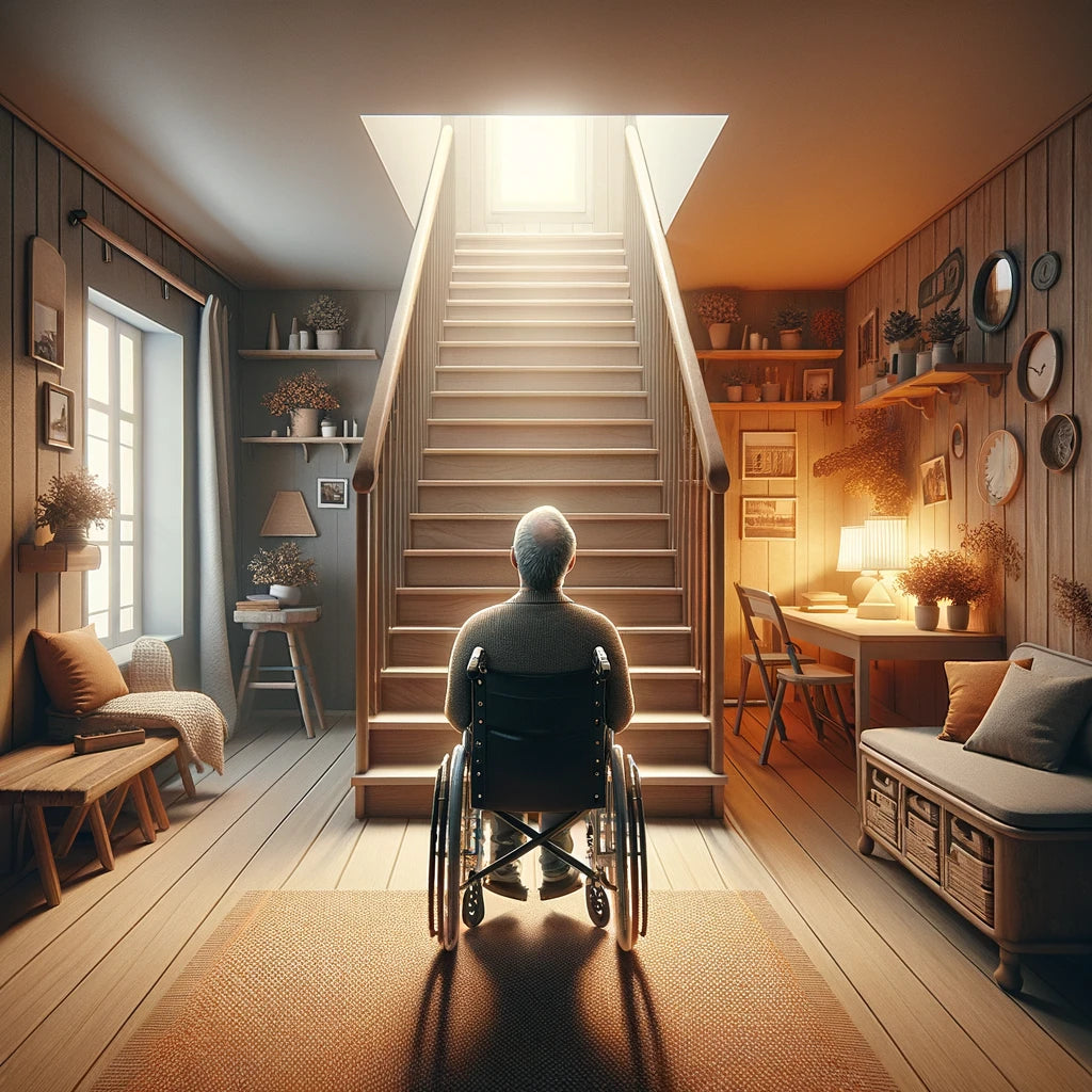 e a warm and homely scene, featuring a man in a wheelchair at the bottom of a flight of stairs inside a house. This setting highlights the contrast between a cozy home environment and the challenges posed by inaccessible spaces.