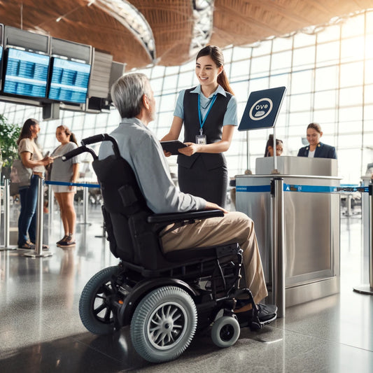 airport staff member assisting a person with a power wheelchair at the check-in counter.