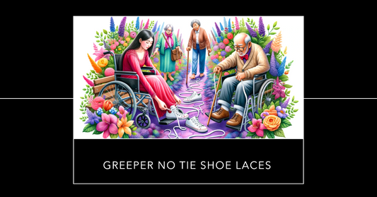 Text Greeper no tie laces with a watercolour image of disabled people struggling with shoe laces that are untied