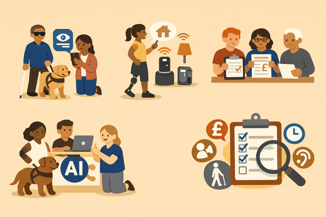 Flat cartoon illustration on a warm beige background showing disabled people using AI for independence. A blind man with a white cane stands beside his guide dog while a woman holds a smartphone with a vision icon. 