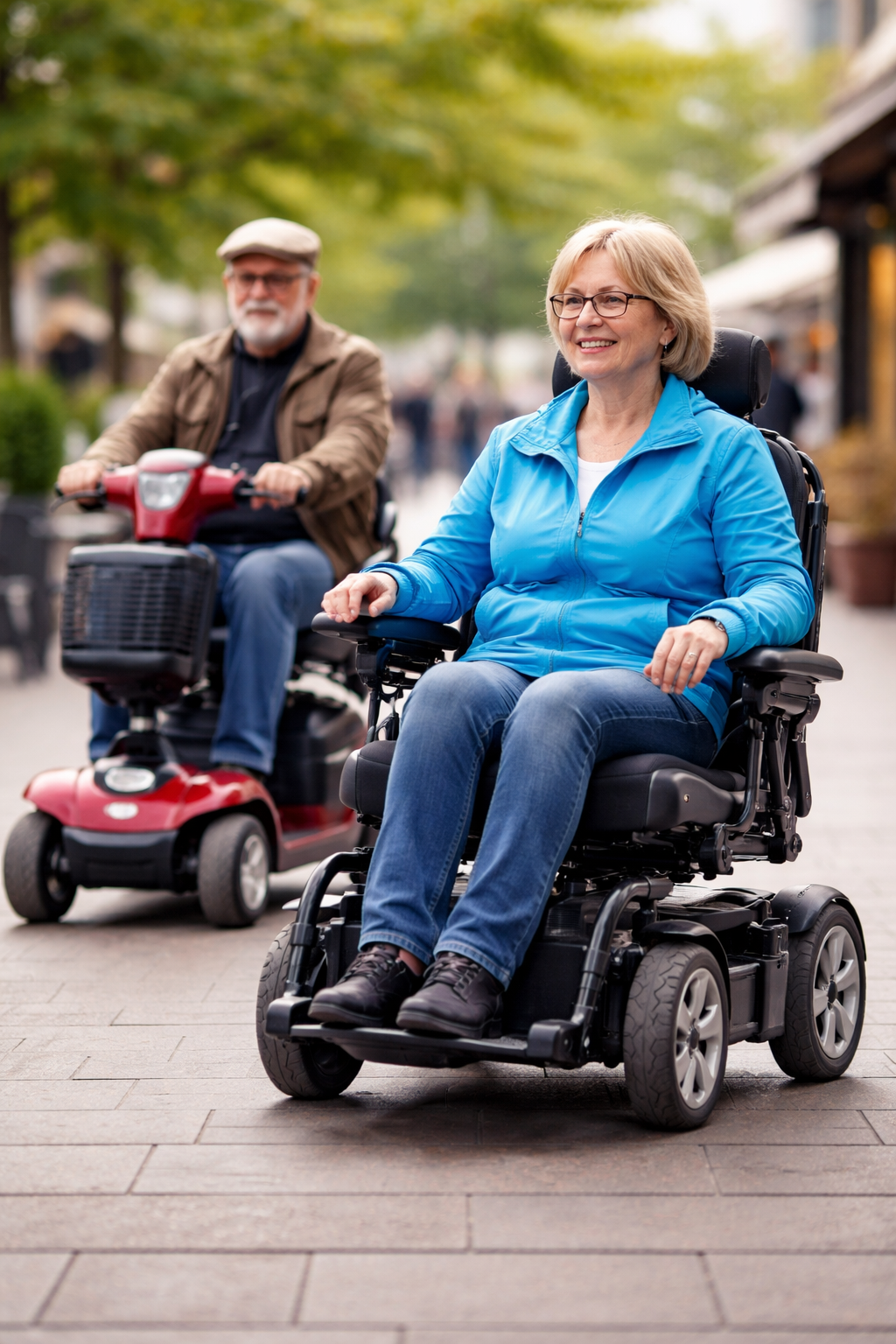 Two adults using powered mobility devices travel along a pedestrian street, with a wheelchair user in the foreground and a mobility scooter user behind.
