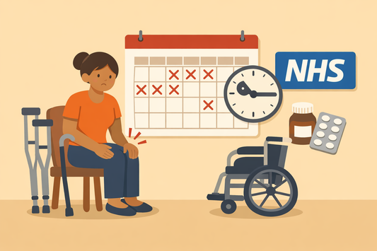 Illustration of a woman waiting for NHS treatment, holding a painful knee beside crutches, wheelchair, pills, and a calendar of crossed-out days.