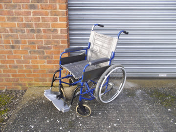 blue manual chair with grey seat