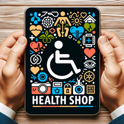 Logo of Disability Health Shop, a tablet with disability symbols held by two hands