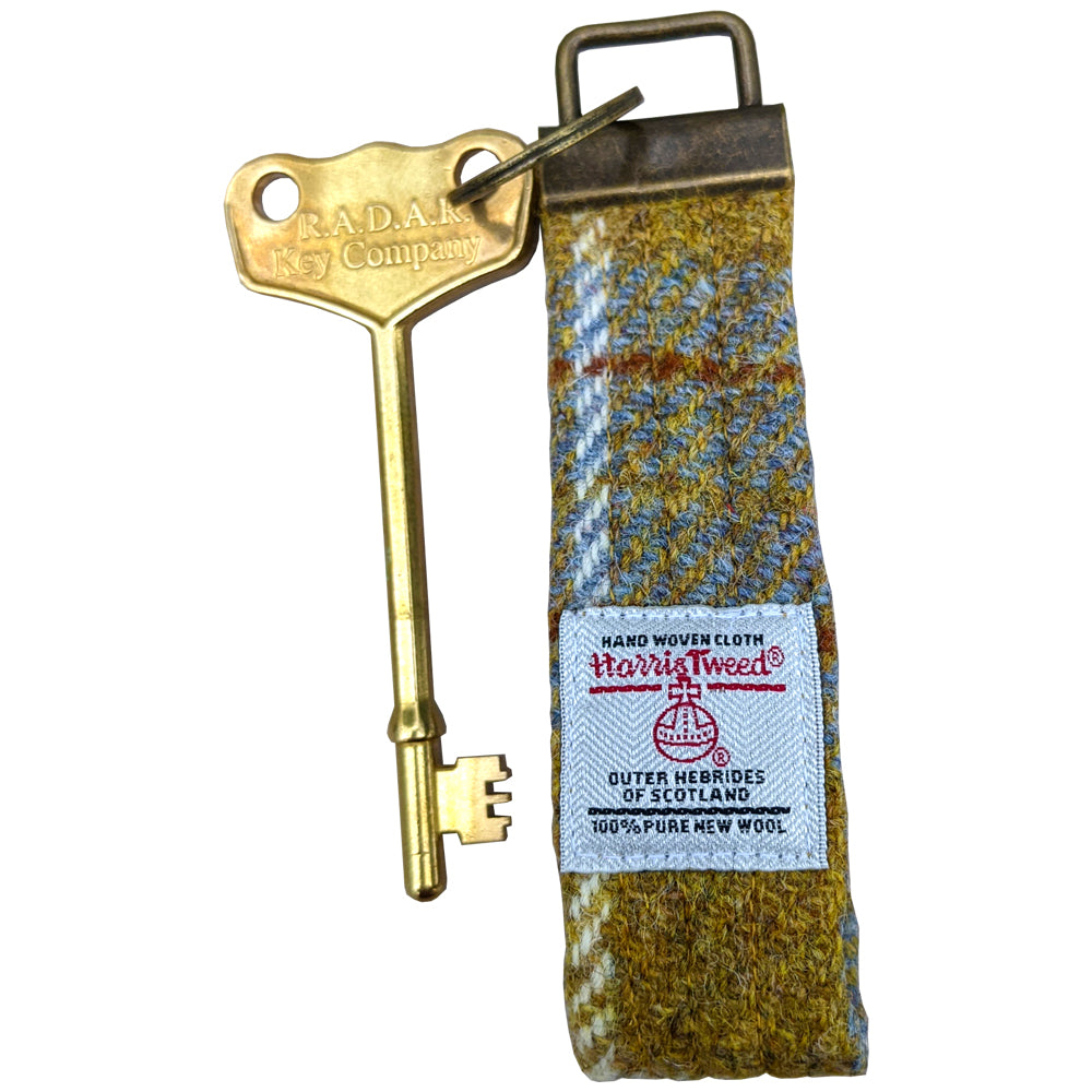 Brass RADAR key with Harris Tweed looped key fob - large head | The RADAR Key Company