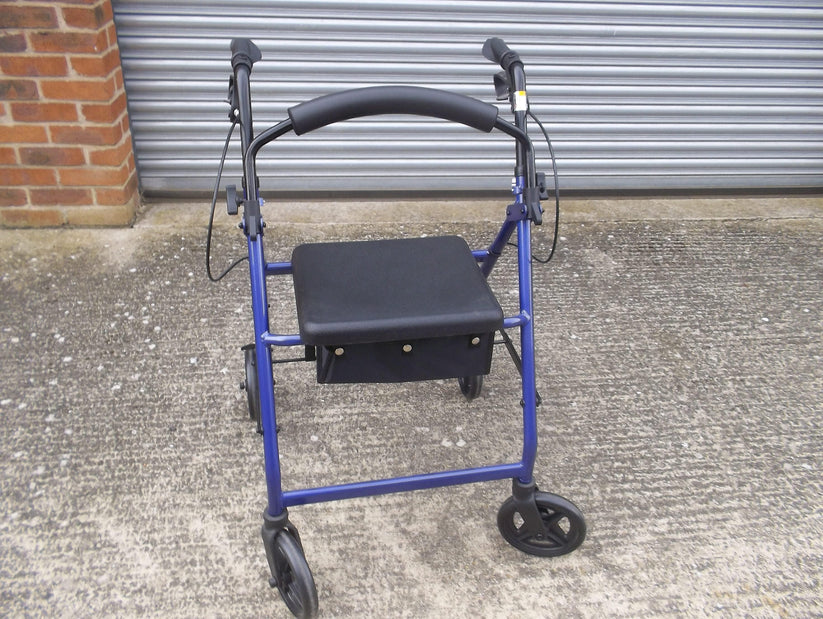blue framed rollator walker with seat