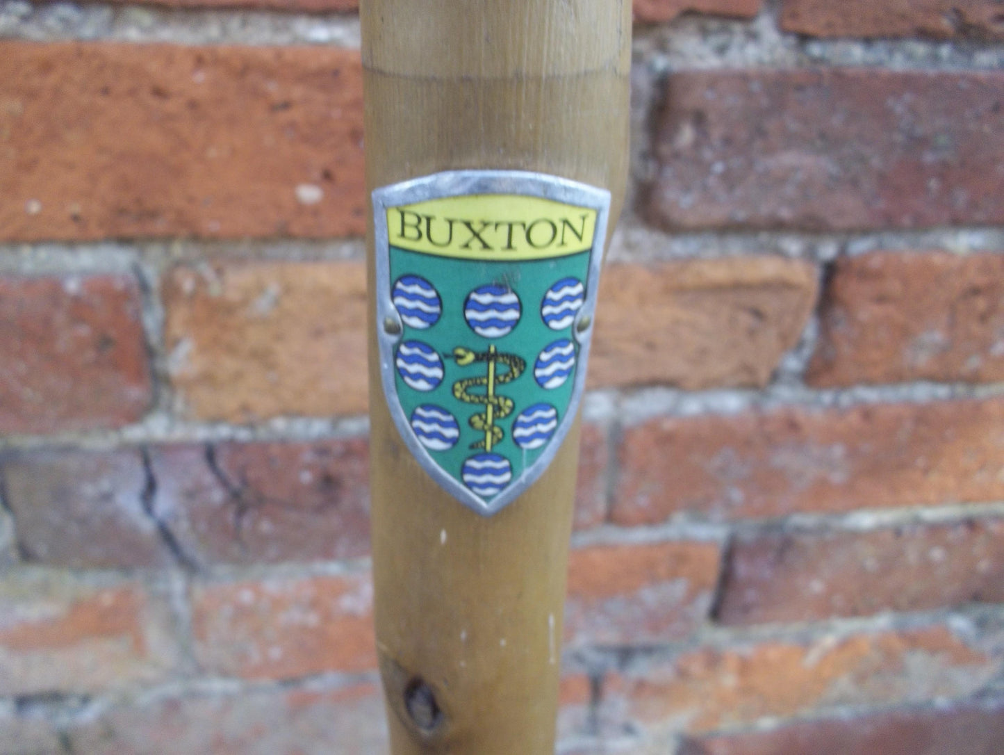 Wooden Walking Stick Traditional Style Curved Handle Features Buxton Badge