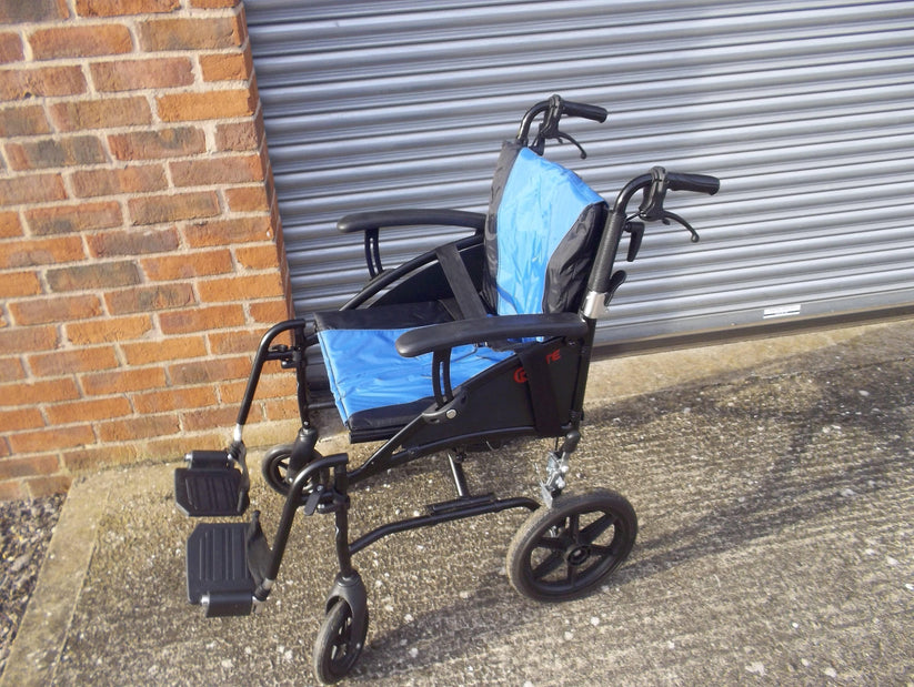 black transit wheelchair with light blue seat